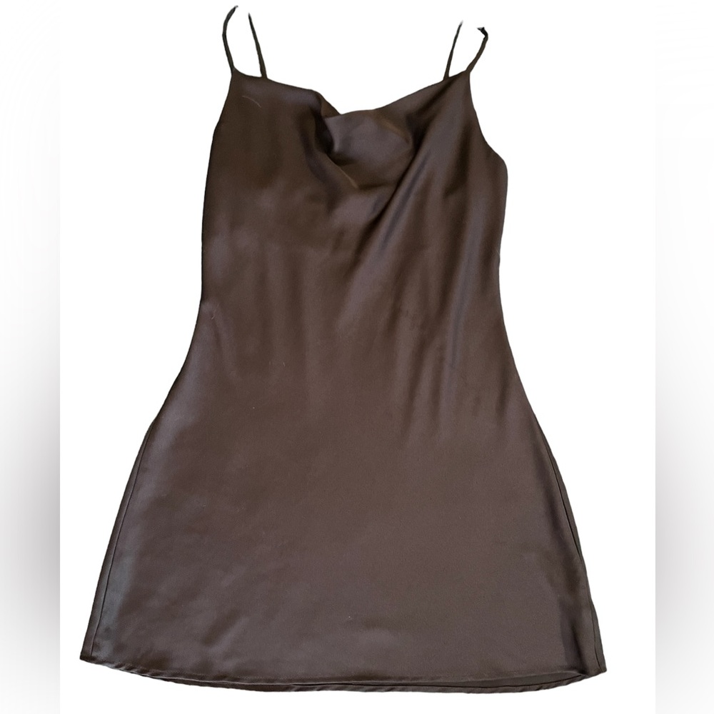Black Satin Flowy Cowl Neck Mini Dress